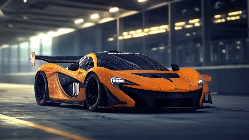 Orange racing coupe is rendered in a controlled tunnel environment