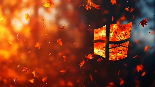 Autumn foliage vortex intersecting luminous window emblem.