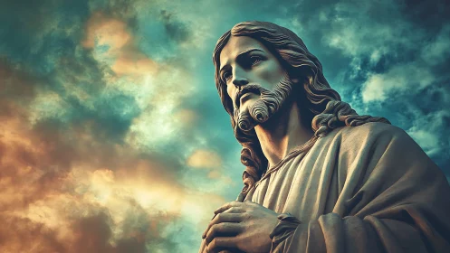 Sky-brushed stone savior beneath storm-kissed evening clouds.