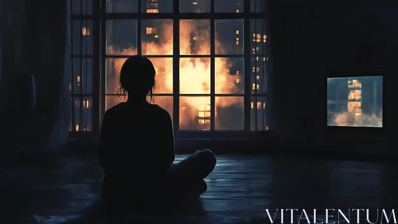 Solitary figure watches a burning city through a dark window