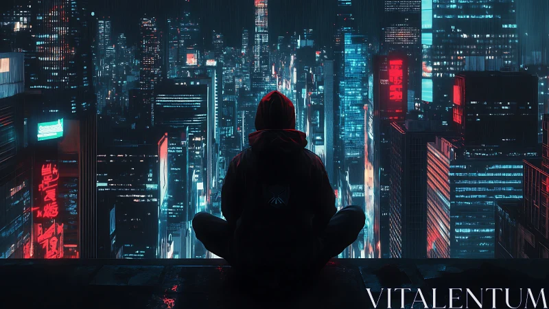 Lone hooded figure contemplates a neon cyberpunk megacity at night