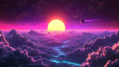 Neon starsea sunrise above cosmic clouds in violet blaze.