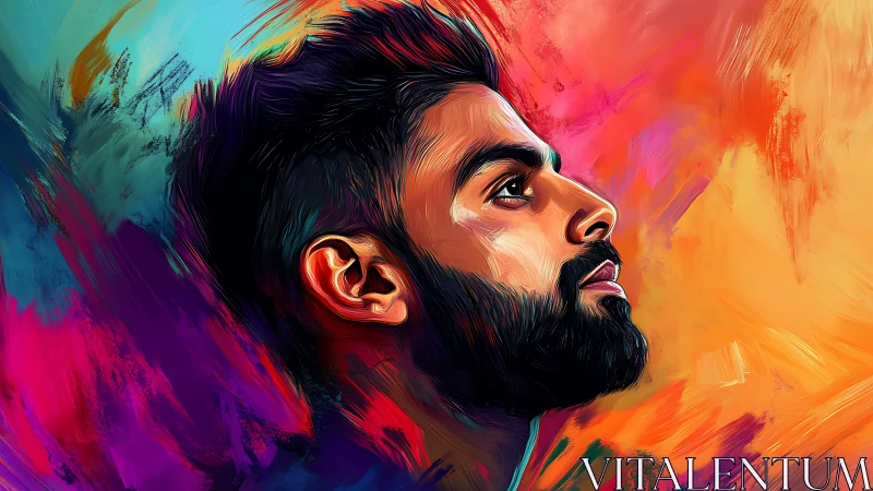 Profile portrait of a bearded man in saturated digital color