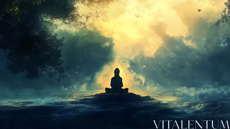 Solitary meditator silhouetted against ethereal backlit mist