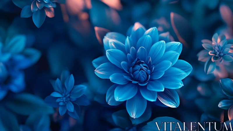 Blue dahlias with layered petals photographed with selective focus and dramatic lighting