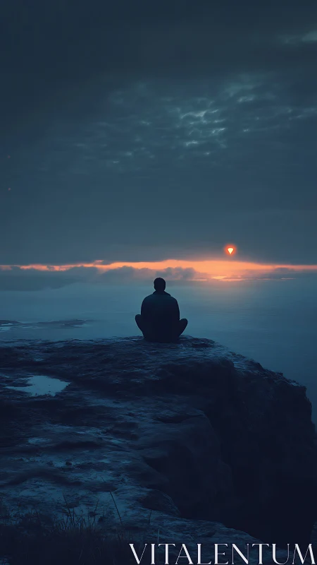 Solitary figure watches distant sunrise from stormy cliff edge
