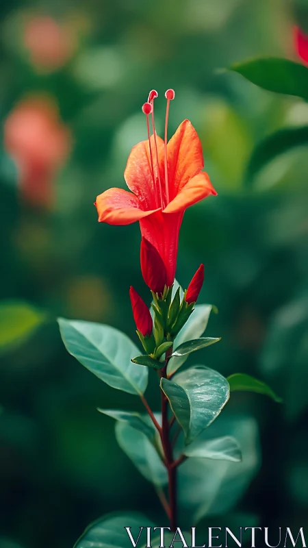 Scarlet Trumpet Flower in Selective Focus Macro Study.