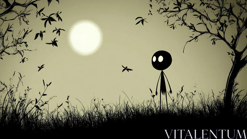 Stick figure stands under large white moon in grassy field