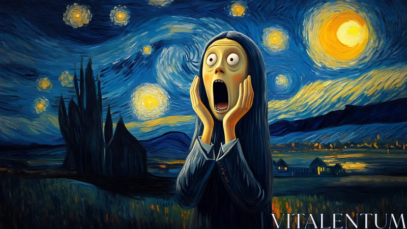 Surreal fusion of The Scream within Van Gogh’s starry sky.