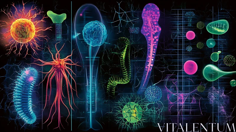 Neon micro-organism array with sci-fi biometric schematics.