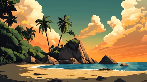 Tropical Coastal Landscape with Dramatic Sunset Illumination and Silhouetted Rock Formations