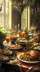 Lavish sunlit banquet table overflows with festive dishes.
