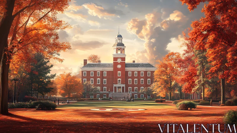 Historic red brick campus hall glows in golden autumn light.