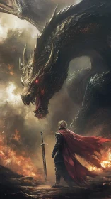 Hero in crimson cape meets roaring dragon amid fire