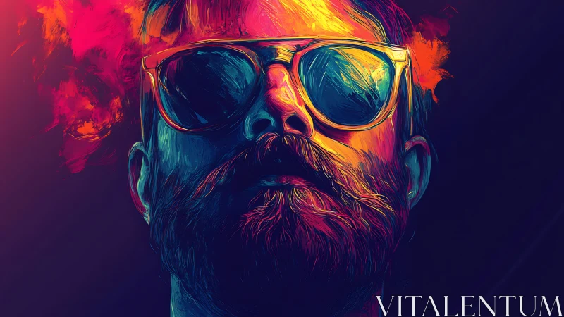 Neon-lit bearded portrait radiates bold urban confidence
