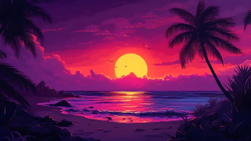 Tropical shoreline under stylized sunset with silhouetted palms.