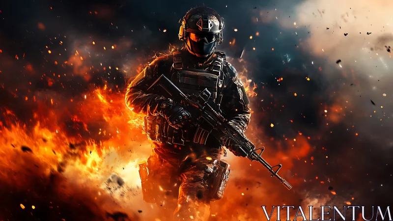 Tactical soldier in inferno, dynamic digital action composition.