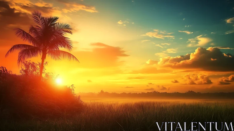 Palm silhouettes sip molten sunlight over misty grasslands