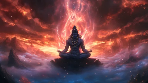 Divine yogic figure in celestial firestorm, digital painting.