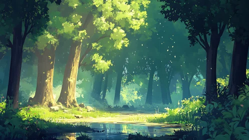 Luminescent forest cathedral with cathedral rays and reflective water channel.