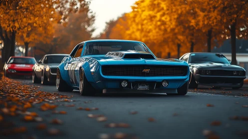 Blue classic muscle car leads group on autumn tree-lined road