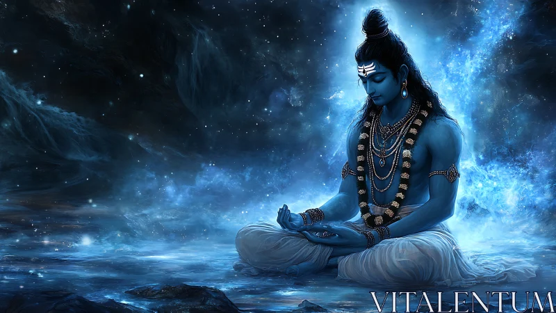 Cosmic blue deity meditates within luminous starlit void.