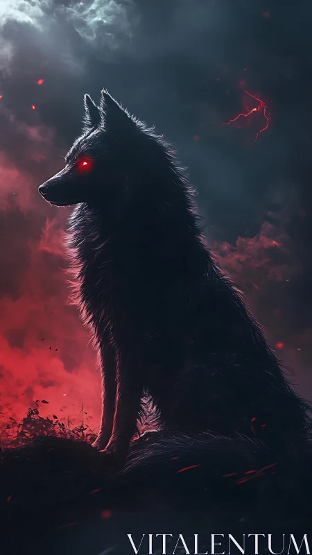 Demonic wolf silhouette sits in backlit crimson storm glow