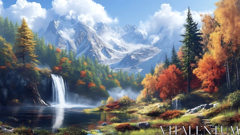 Autumn forest surrounds alpine waterfall and reflective lake