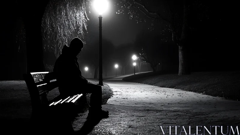 Solitary figure rests on park bench under stark lamplight.