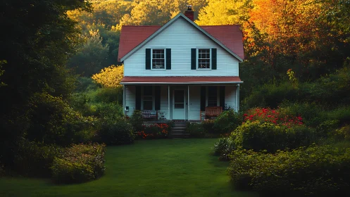 Charming white farmhouse nestles in lush autumn garden glow