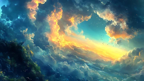 Cloud cathedrals swirl open, revealing a river of sunrise