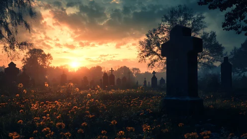 Sunrise over quiet cemetery with silhouetted stone crosses.