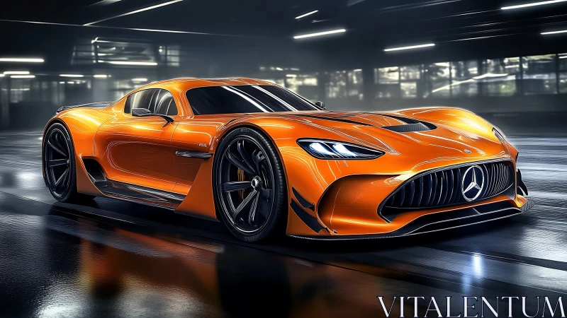 Sleek orange supercar glides through a glossy city garage