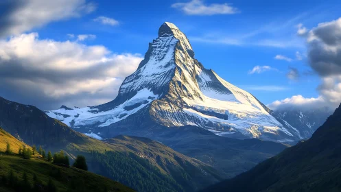 Sunlit mountain peak rises calmly above green alpine valley