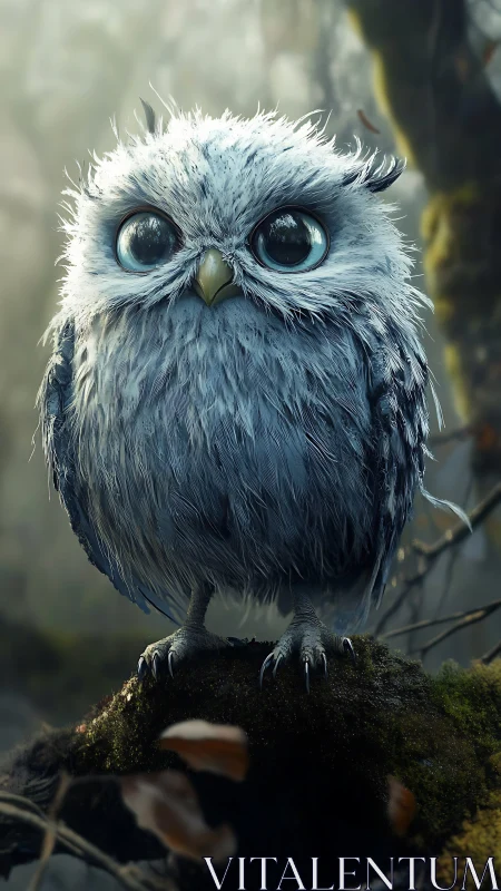 Hyperrealistic blue fledgling owl with oversized reflective eyes