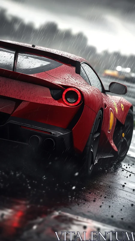 Red sports car on wet racetrack in heavy rainfall conditions.