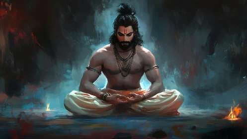 Meditating warrior saint in glowing mystical ambience.