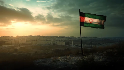 Weathered tricolor flag on hillside overlooking dense urban sprawl