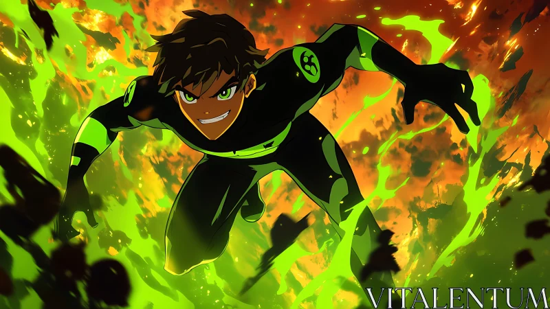 Smirking plasma hero dives through neon green wildfire storm.