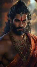 Regal warrior gaze carves molten light through royal dusk