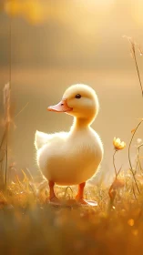 Yellow duckling standing in golden backlit meadow scene.