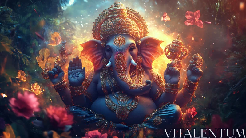 Elephant-headed deity statue in ornate forest setting scene.