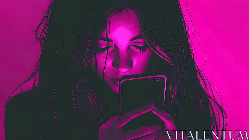 Soft neon glow surrounds a girl lost in her phone