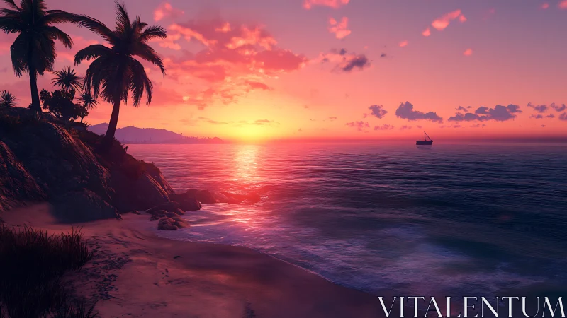 Coastal shoreline with palm trees at vivid ocean sunset.