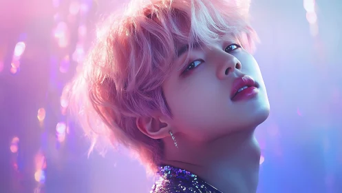 Iridescent portrait captures soft neon bokeh against pastel hair