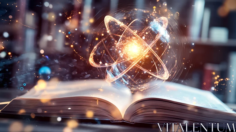 Open textbook with glowing atomic model and light trails.
