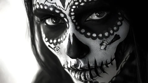 Gaze of the midnight sugar skull spirit in monochrome.