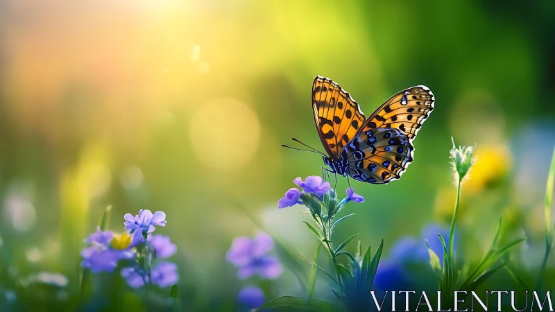 Macro butterfly on wildflowers in luminous bokeh field.