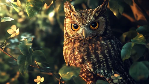 Majestic Owl Perched Amid Lush Green Foliage, Realistic Style.