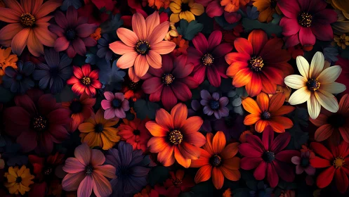 Luminous Daisy Composition Rendered in Vibrant Jewel Tones and Dramatic Chiaroscuro